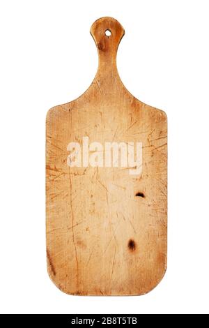 Old wooden cutting board on white background isolated close up top view, one empty scratched natural brown wood chopping board, vintage rustic utensil Stock Photo