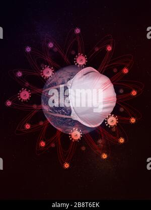 Globe with a medical mask and a halo of Covid 19 cells against a starry sky. Stock Photo