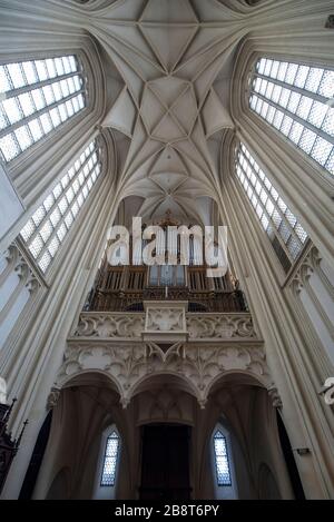 Vienna, Austria. Interior of Maria am Gestade church. Famous gothic catholic church was consecrated in 1414 and is one of oldest churches in Wien. Stock Photo