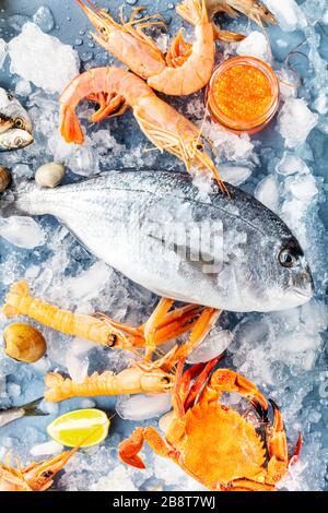 Fish and seafood, a flat lay overhead shot. Sea bream. shrimps, crab on ice Stock Photo