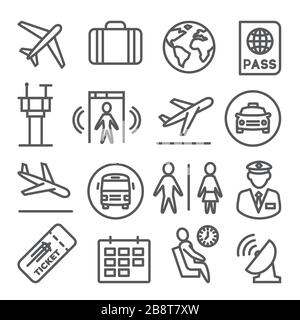 Airport line icons set on white background Stock Vector