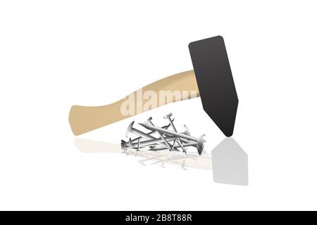 Nails pile and hammer. The group fastener symbol vector illustration. Stock Vector