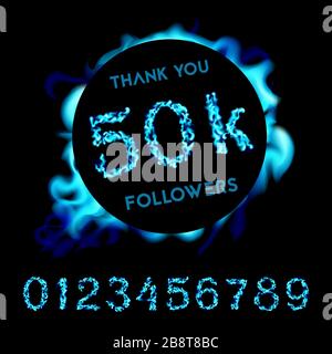 Thank you 50K followers. Blue neon fire design. Vector Illustration card on black background.. Stock Vector
