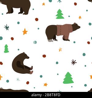 Cute brown bear. Vector illustration. Pink ornate sweater and socks. Seamless pattern background. Stock Vector