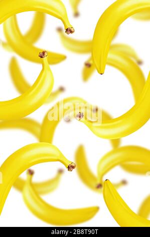 Falling fresh ripe bananas isolated on white background. Depth of field and perspective enhance impression of fall. Vertical format. Abstract levitati Stock Photo