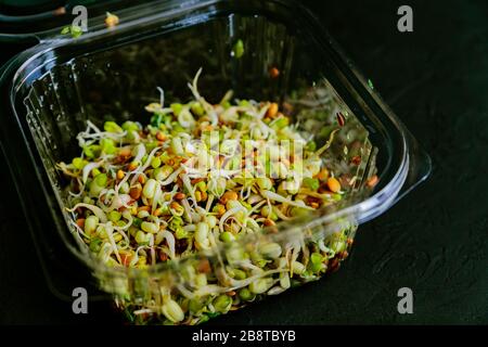 sprouted beans in plastic box . raw food diet. selective focus Stock Photo