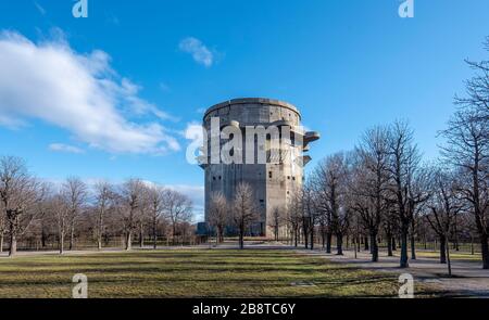 Flak tower (Flakturm) in the Augarten park in Vienna, Austria. Anti aircraft tower of World War II Stock Photo