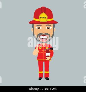 Friendly fireman firefighter smiling thumbs up holding extinguisher with a beard helmet and red and yellow fire suit. He hold his accessory in his lef Stock Vector