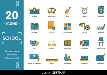 School icon set. Include creative elements school, bell, alphabet, history, art icons. Can be used for report, presentation, diagram, web design Stock Vector