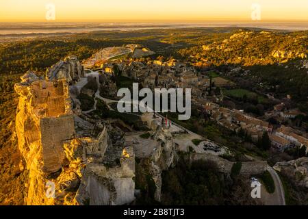 Bird's eye view of Château des Baux in Les Baux-de-Provence, France Stock Photo