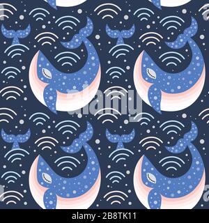 Marine Pattern with Blue Whale on Waves Stock Vector