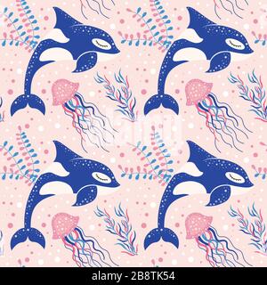 Cute Marine Pattern with Killer Whale and Jellyfish Stock Vector