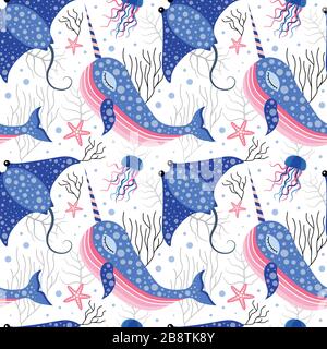 Cute Marine Pattern with Narwhal and Stingray Stock Vector