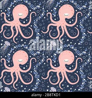 Cartoon Cute Marine Pattern with Octopus and Jellyfish Stock Vector