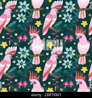 Flat Pink Parrots and Exotic Flowers Pattern Stock Vector