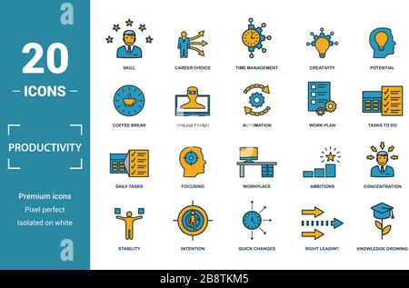 Productivity icon set. Include creative elements skill, time management, coffee break, work plan, daily tasks icons. Can be used for report Stock Vector