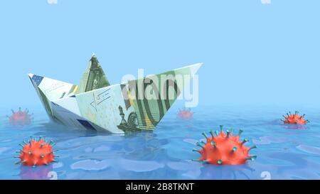 Paper boat in sea . The concept of the economic crisis. A paper boat of money surrounded by dangerous mines symbolizing viruses. 3 d. Stock Photo