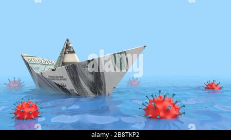 Paper boat in sea . The concept of the economic crisis. A paper boat of money surrounded by dangerous mines symbolizing viruses. 3 d. Stock Photo