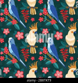 Flat Pattern with Exotic Parrots and Flowers Stock Vector