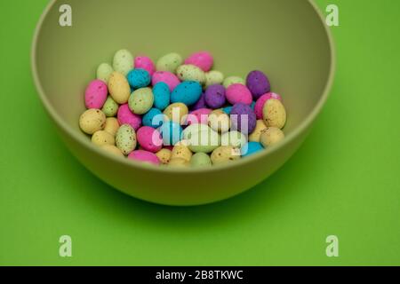 Mini easter eggs in bowl Stock Photo