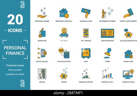 Personal Finance icon set. Include creative elements personal income, personal loan, budgeting, online banking, digital wallet icons. Can be used for Stock Vector