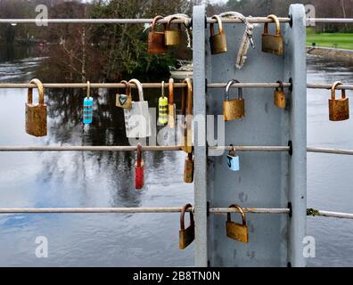 Padlocks (love locks) on the Balloch Road bridge, Balloch, Loch Lomond, Scotland Stock Photo
