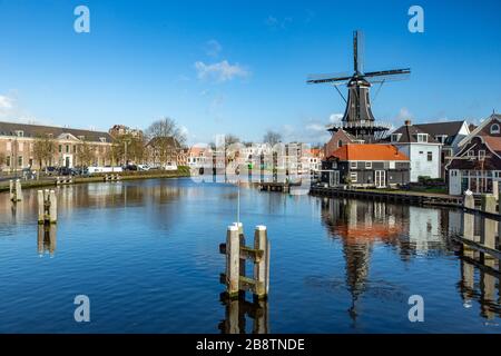 De Adriaan is a windmill in Haarlem, Netherlands that burnt down in 1932 and was rebuilt in 2002. The original windmill dates from 1779. Stock Photo