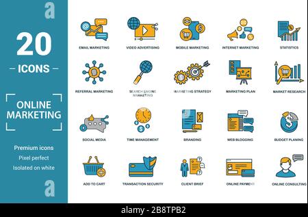 Online Marketing icon set. Include creative elements email marketing, mobile marketing, referral, marketing plan, social icons. Can be used for report Stock Vector