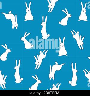 Cute seamless pattern with cute bunnyes in different poses on the blue background . Stock Vector