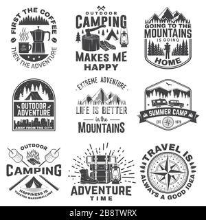 Set of outdoor adventure quotes symbol. Vector illustration. Concept for shirt or logo, print, stamp or tee. Vintage design with marshmallow, axe, mountains, deer, tent, compass and forest silhouette Stock Vector