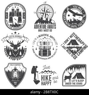 Set of outdoor adventure quotes symbol. Vector. Concept for shirt or logo, print, stamp or tee. Vintage design with backpack, binoculars, mountains, bear, deer, tent, lantern and forest silhouette Stock Vector