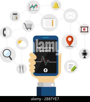 Concierge app ( personal voice assistant ) vector illustration / Holding a smartphone in hand Stock Vector