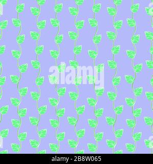 Green leaves on wavy stems on lilac background seamless pattern, cartoon drawing, plant surface, natural texture, floral curls. For the design of fabr Stock Vector