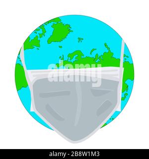 Planet earth wearing protective face mask. Fine dust, environmental, air pollution, industrial smog, global virus, virus pandemic concept.Stock vector