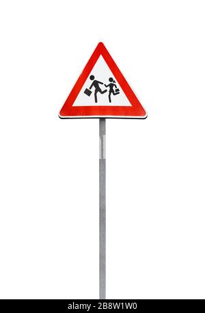 Caution children, warning road sign isolated on white background Stock Photo