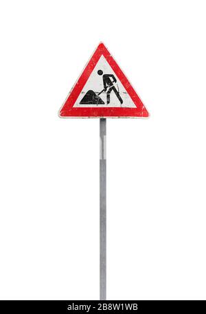 Roadworks, under construction, men at works. Triangle road sign isolated on white background Stock Photo