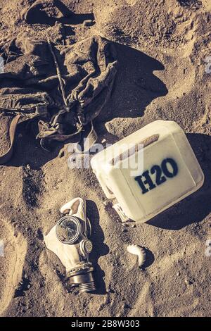 Unclean water cans in danger and polluted area Stock Photo