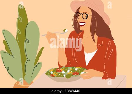 Portrait of a young woman learns foreign languages online using digital tablet. Colorful vector illustration in flat cartoon style Stock Vector