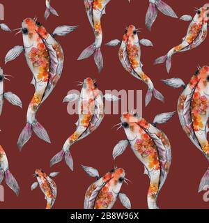 Watercolor oriental pattern with rainbow carps. Seamless oriental texture with isolated hand drawn fishes and blossom cherry. Stock Photo