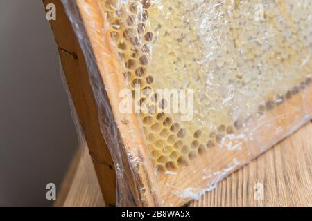 Frame with honeycombs in the package. Wooden corner and yellow honeycombs. Stock Photo
