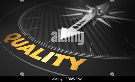 3D Illustration of an Abstract Compass Over Black Background with Needle Pointing the Text: Quality - Business Concept. Stock Photo