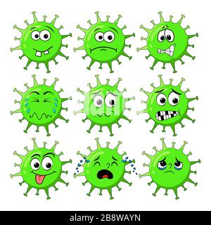 Green corona virus character with sad expression face. Coronavirus vector illustration with facial expression big set isolated on white background Stock Vector