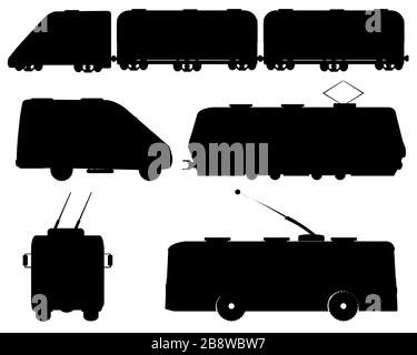 Silhouettes of the public transport on white background is insulated Stock Vector