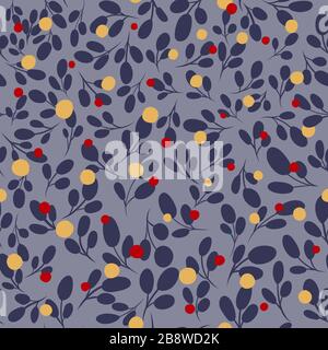Vector floral pattern. Blue handdrawn leaves with red and yellow elements. Nature texture.  Abstract background Stock Vector