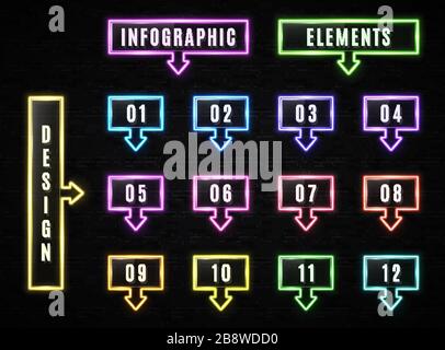 Neon Infographics elements on black brick background. Glowing color infographic rectangle frame with arrow text box. Business design template with squ Stock Vector