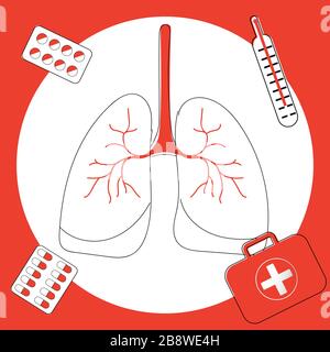 Icon of lung disease, pneumonia, asthma, cancer in the form of lung anatomy and viruses, bacteria causing disease. Icon in linear style. Flat lay Stock Vector