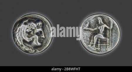 Tetradrachm (Coin) Depicting the Hero Herakles, 336/323 BC, Greek, Macedonia, Silver, Diam. 2.5 cm, 11.15 g, Reimagined by Gibon, design of warm cheerful glowing of brightness and light rays radiance. Classic art reinvented with a modern twist. Photography inspired by futurism, embracing dynamic energy of modern technology, movement, speed and revolutionize culture. Stock Photo