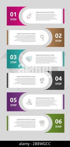 Vector template labels infographics. Business concept with 6 options and parts. Six steps for content, graph, diagrams, slideshow. Path step by step Stock Vector