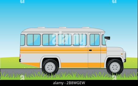 Vector illustration of the bus moving on road on background of the nature Stock Vector