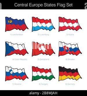 Central Europe States Waving Flag Set. The set includes the flags of Liechtenstein, Luxemburg, Austria, Czechia, Switzerland, Slovakia, Slovenia, Hung Stock Vector